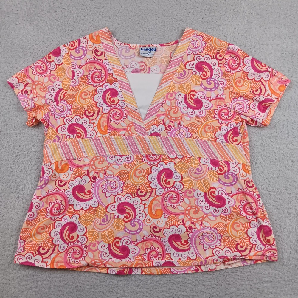 Landau Scrub Top Women XL Pink Orange Paisley Floral V-Neck Empire Waist